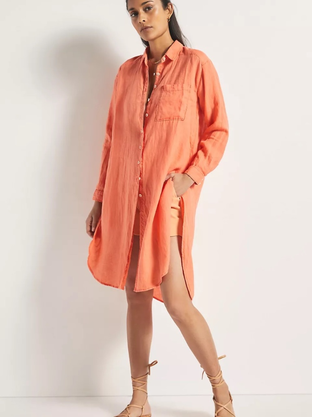 Anthropologie Relaxed Button Front Linen Tunic Shirt Cover Up Coral Women's Sz S